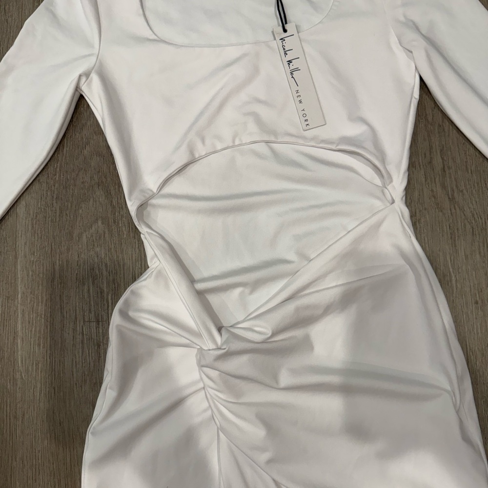 Nicole Miller White Cutout Maxi Dress Long Sleeve Ruched Bodycon M - Picture 4 of 6